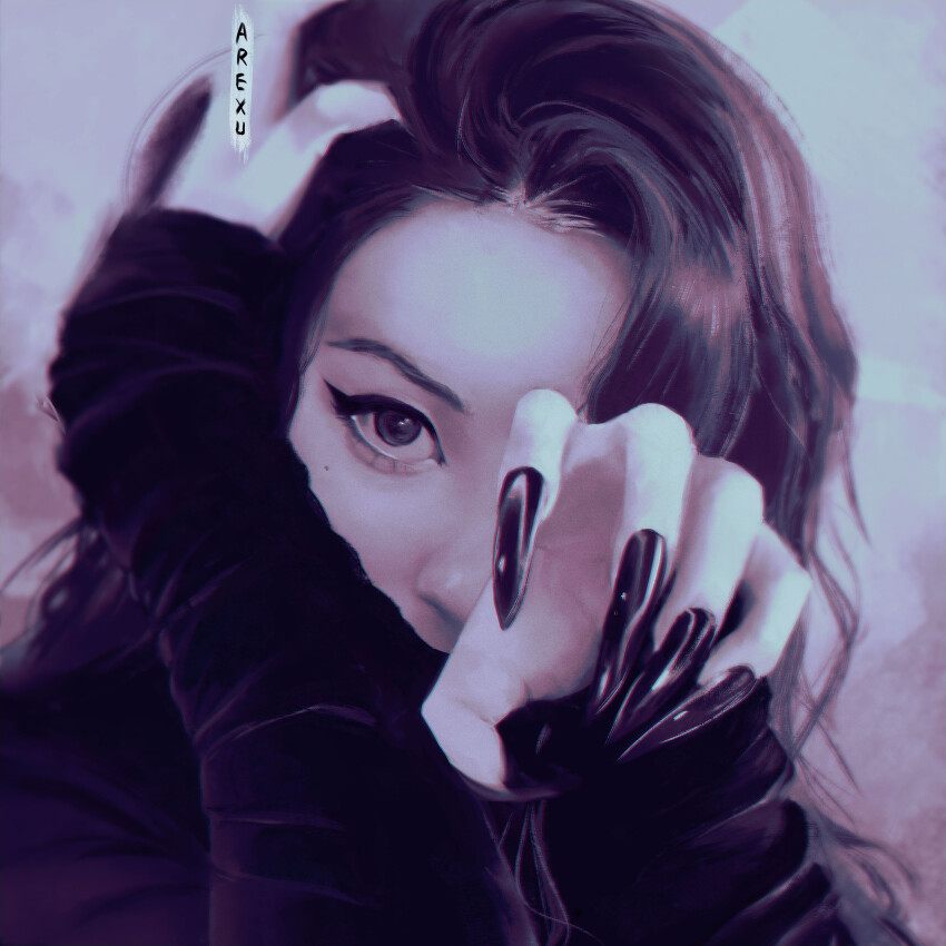 1girl, absurdres, arexu, art_study, eyeliner, fingernails, greyscale, hand_on_own_head