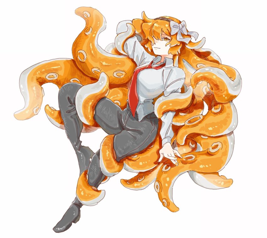 1girl, arm_up, black_pants, black_shoes, bow, brown_hairband, closed_mouth, collared_shirt