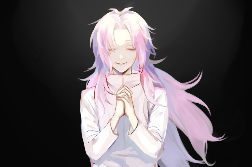 1boy, antenna_hair, black_background, closed_eyes, closed_mouth, commentary_request, floating_hair, hatsutori_hajime