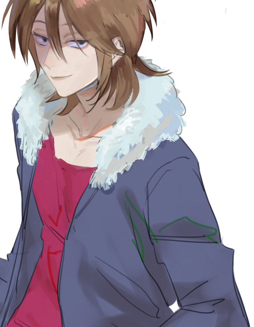 1boy, black_eyes, blue_jacket, brown_hair, closed_mouth, collarbone, commentary_request, fur-trimmed_jacket, fur_trim, hair_between_eyes, highres, isoi_reiji, jacket, jaga_(ja_08), long_sleeves, male_focus, medium_hair, open_clothes, open_jacket, red_shirt, saibou_shinkyoku, sanpaku, shirt, simple_background, smile, solo, upper_body, white_background