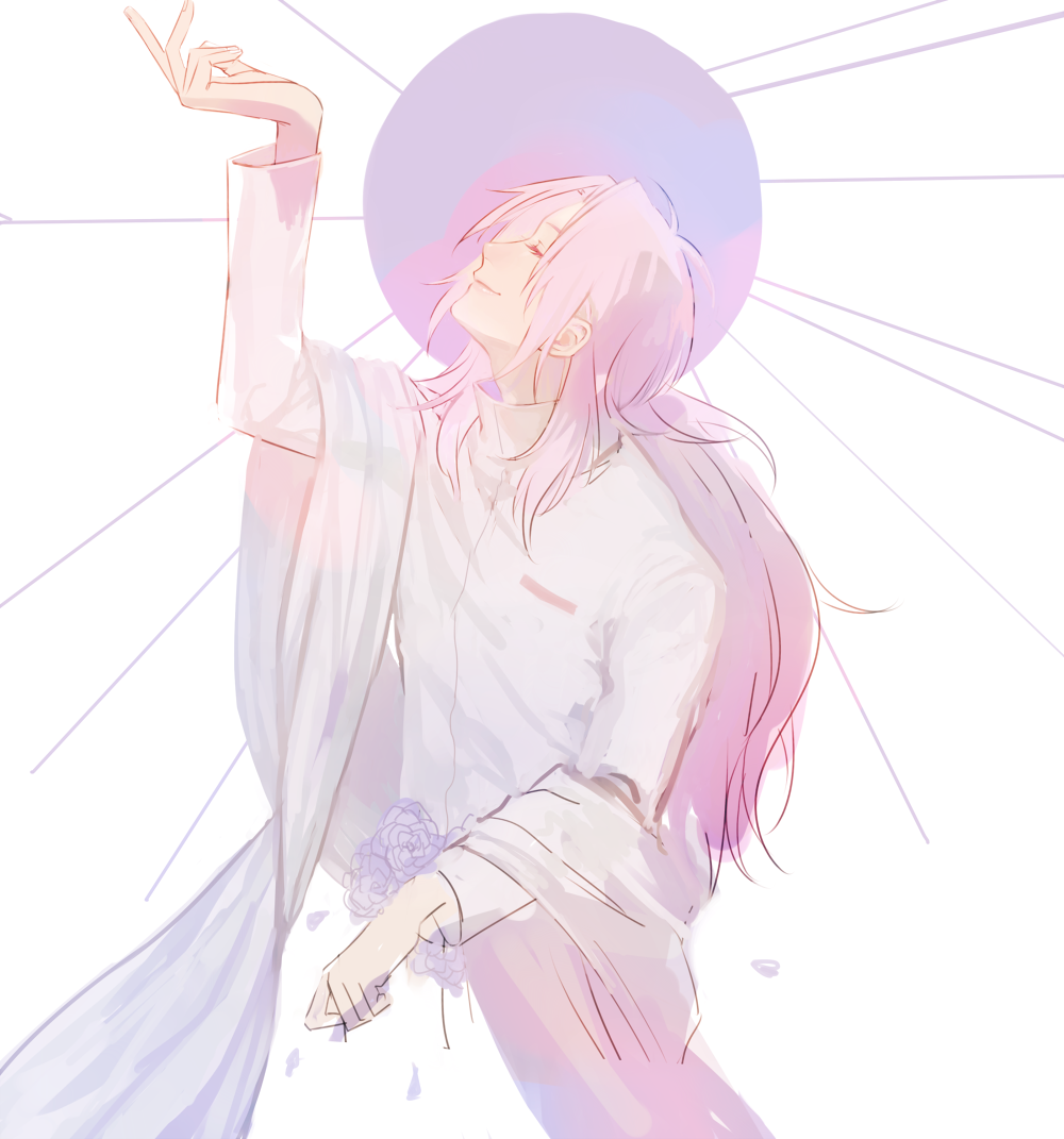 1boy, arm_up, closed_eyes, closed_mouth, commentary_request, flower, hatsutori_hajime, jaga_(ja_08)