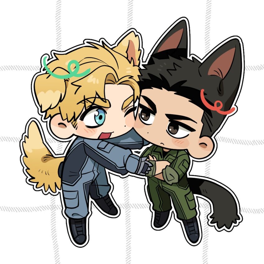 2boys, animal_ears, ao_isami, black_footwear, black_hair, blonde_hair, blue_eyes, blue_jumpsuit