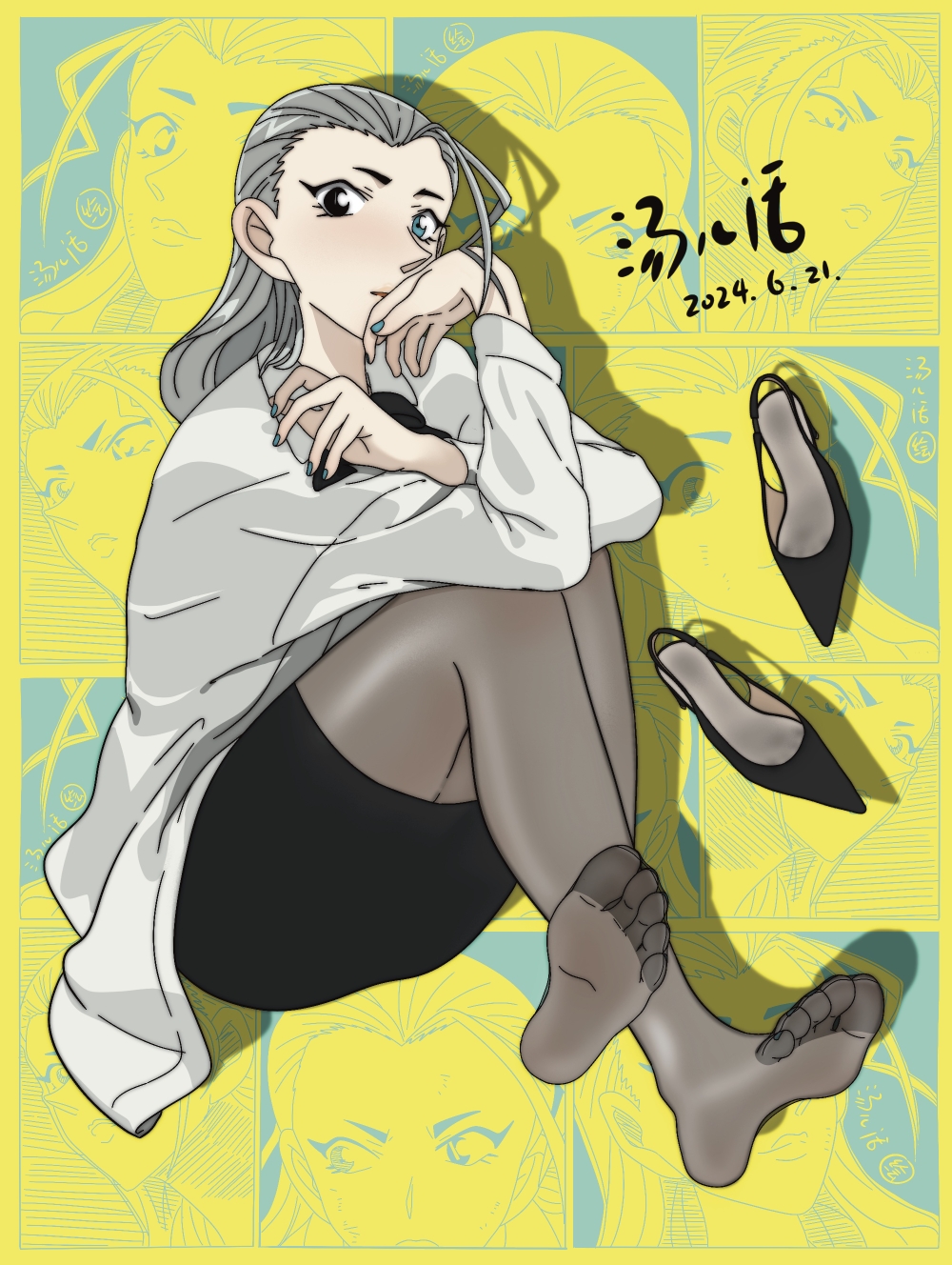 1girl, black_eyes, blue_eyes, curacao_(meitantei_conan), feet, grey_hair, heterochromia, highres, long_hair, looking_at_viewer, meitantei_conan, pantyhose, shoes, soles, tangerhua, toes, unworn_shoes