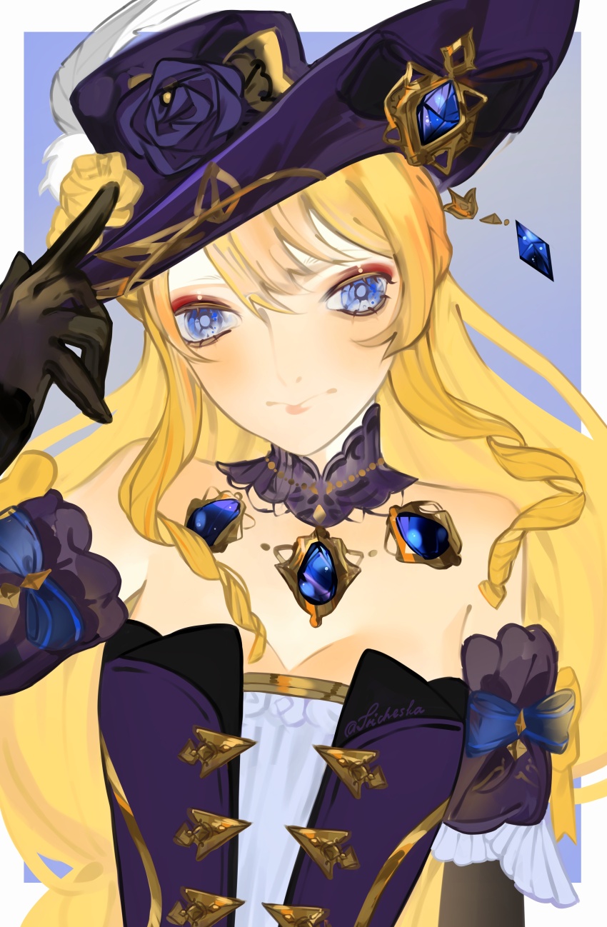 1girl, absurdres, bare_shoulders, black_flower, black_gloves, blonde_hair, blue_eyes, blue_gem