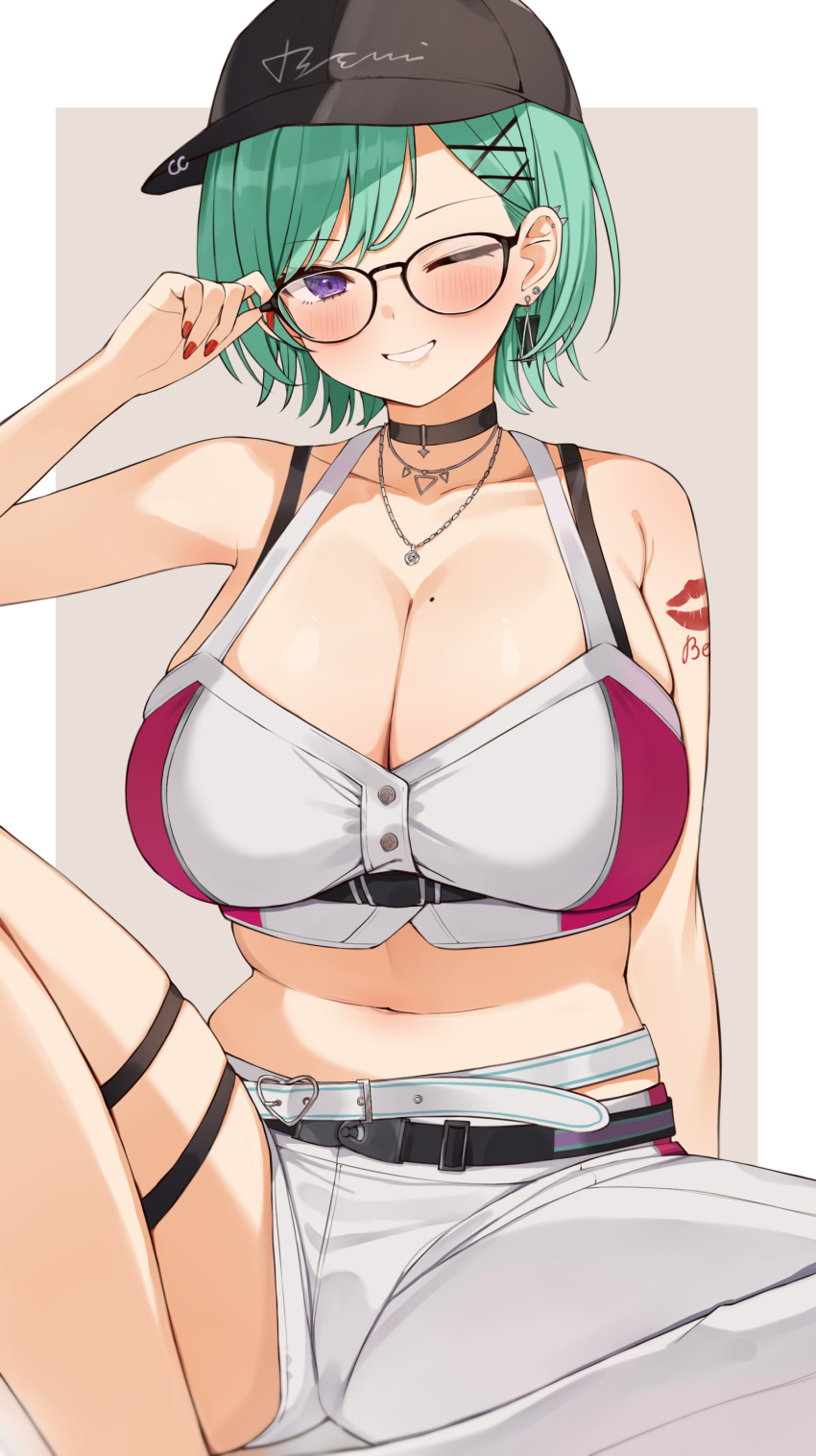 1girl, absurdres, adjusting_eyewear, asymmetrical_clothes, asymmetrical_pants, bare_shoulders, baseball_cap, belt