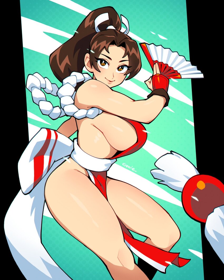 1girl, bare_shoulders, breasts, brown_hair, fatal_fury, hand_fan, high_ponytail, highres