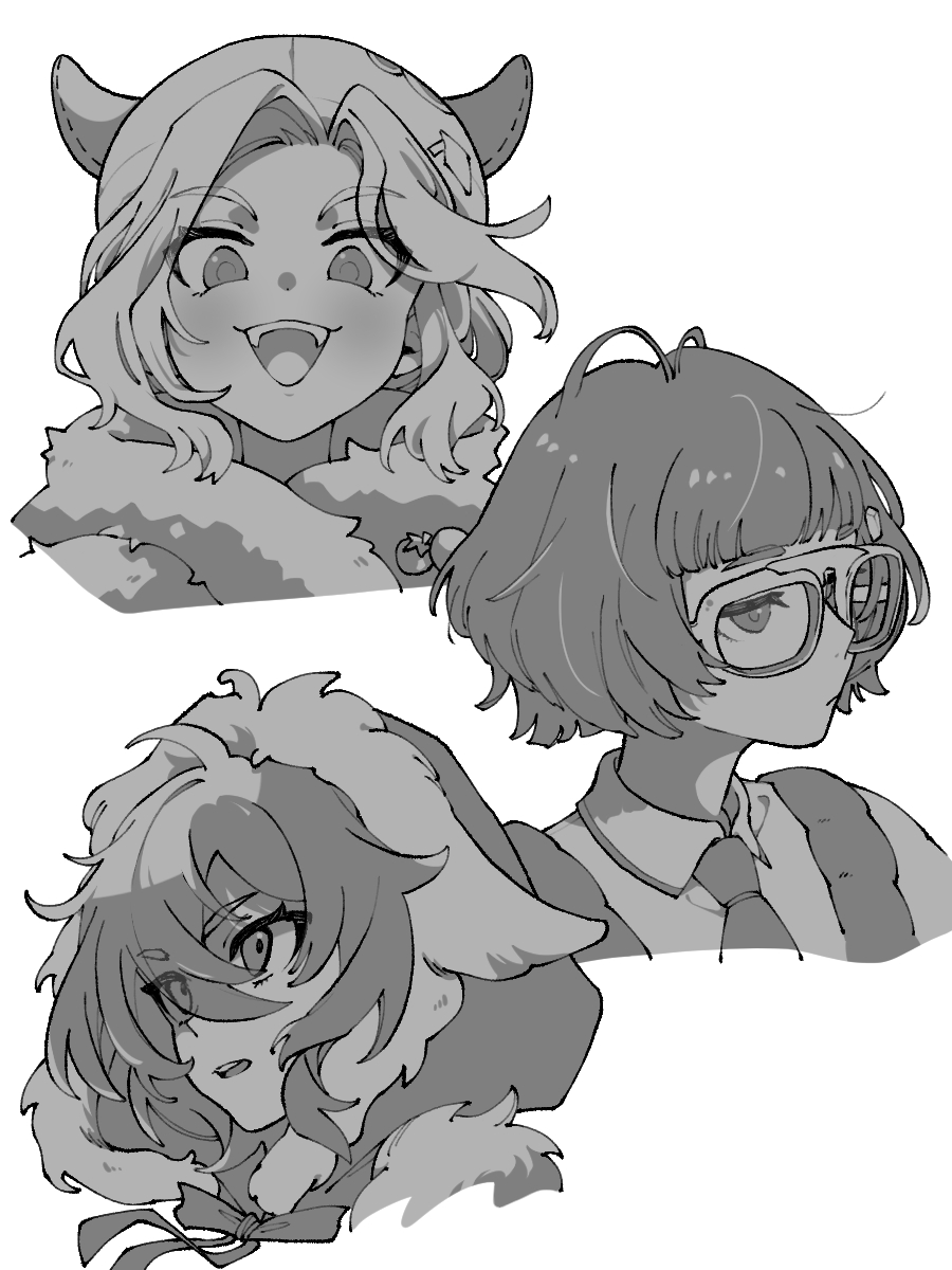 3girls, :d, blunt_bangs, cape, collared_shirt, cropped_head, erick_(reverse:1999), fake_horns