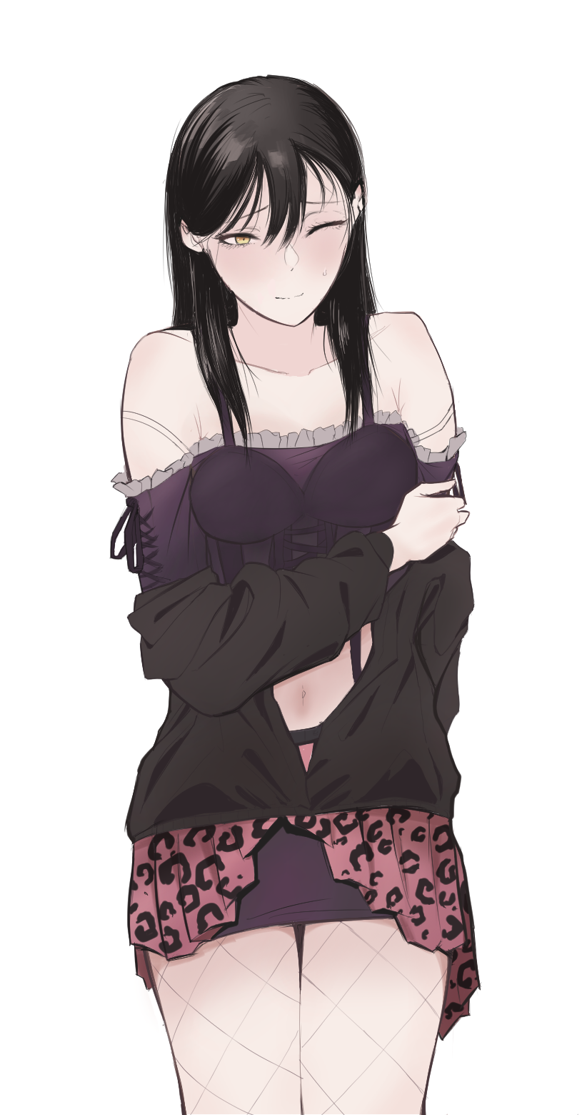 1girl, ;), animal_print, bare_shoulders, black_hair, black_jacket, black_shirt, blush, bra, bra_strap, collarbone, cosplay, fishnet_pantyhose, fishnets, highres, idolmaster, idolmaster_shiny_colors, ikaruga_luca, ikaruga_luca_(cosplay), jacket, leopard_print, long_hair, mature_female, miniskirt, navel, off-shoulder_shirt, off_shoulder, one_eye_closed, pantyhose, rip_van_winkle_(chlwhdgk3), shirt, simple_background, skirt, smile, solo, underwear, white_background, white_bra, yakumo_nami