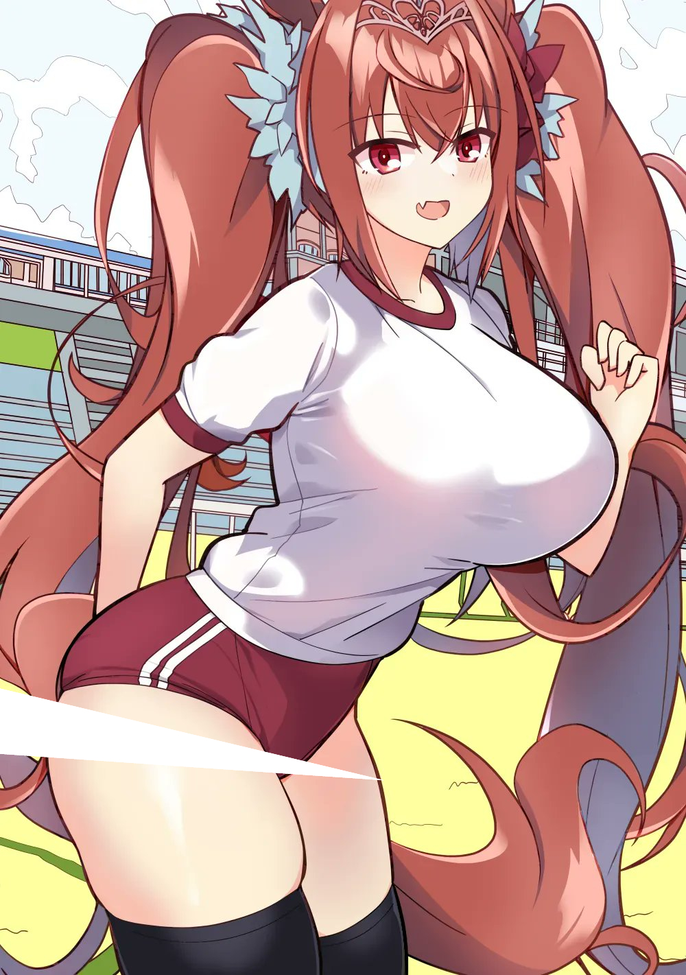 1girl, black_thighhighs, blue_scrunchie, blush, breasts, brown_hair, buruma, chopsticks