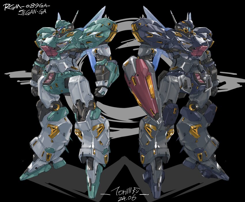 absurdres, arm_shield, arms_at_sides, artist_name, assault_visor, black_background, blue_visor, char's_counterattack