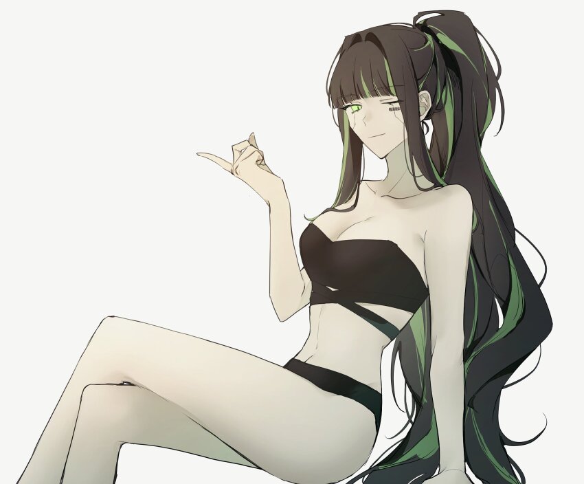 1girl, alfonso_(project_moon), alternate_costume, aojiru_oisiiiii, barcode, barcode_tattoo, bikini, black_bikini, cross-laced_bikini, cross-laced_clothes, green_hair, green_trim, highres, limbus_company, multicolored_hair, navel, pale_skin, project_moon, simple_background, sitting, solo, streaked_hair, swimsuit, tattoo, white_background