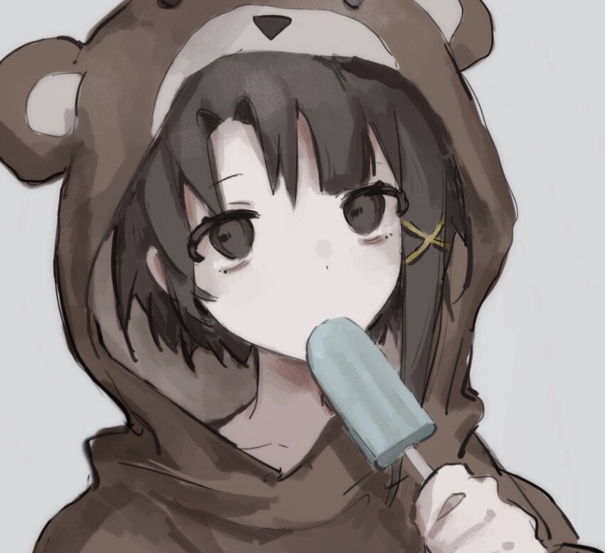 1girl, animal_hood, asymmetrical_hair, bad_id, bad_twitter_id, bear_hood, brown_eyes, brown_hair
