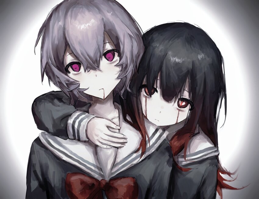 2girls, arm_over_head, asagiri_aya, bad_id, bad_twitter_id, black_hair, blood, blood_from_mouth