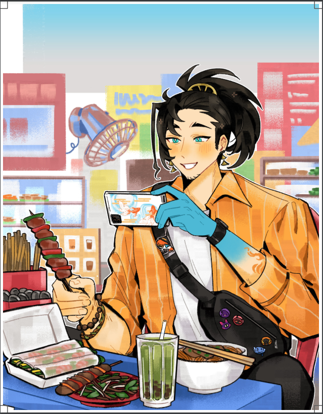 1boy, alternate_costume, arm_tattoo, badge, bag, bead_bracelet, beads, beard_stubble