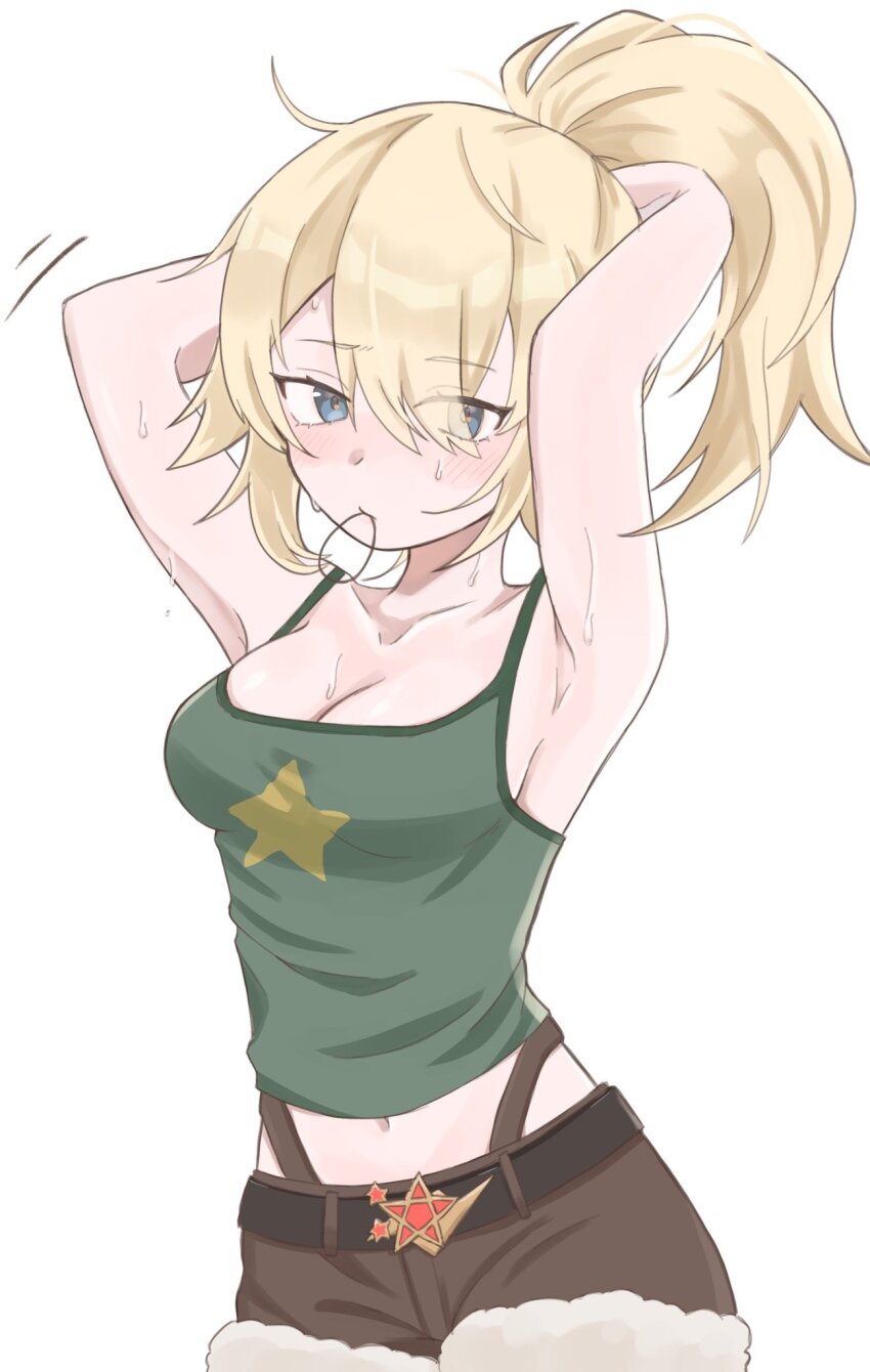 1girl, armpits, arms_behind_head, arms_up, bare_shoulders, belt, black_belt, blonde_hair, blue_eyes, blush, breasts, brown_shorts, camisole, choko_(1839), cleavage, collarbone, cowboy_shot, fur-trimmed_shorts, fur_trim, green_camisole, hair_between_eyes, hair_tie, hair_tie_in_mouth, highres, holding, holding_own_hair, lilya_(reverse:1999), long_hair, looking_at_viewer, medium_breasts, midriff, mouth_hold, navel, ponytail, print_camisole, reverse:1999, rubber_band, shorts, solo, spaghetti_strap, star_(symbol), star_print, sweat, thong, tying_hair, whale_tail_(clothing), white_background
