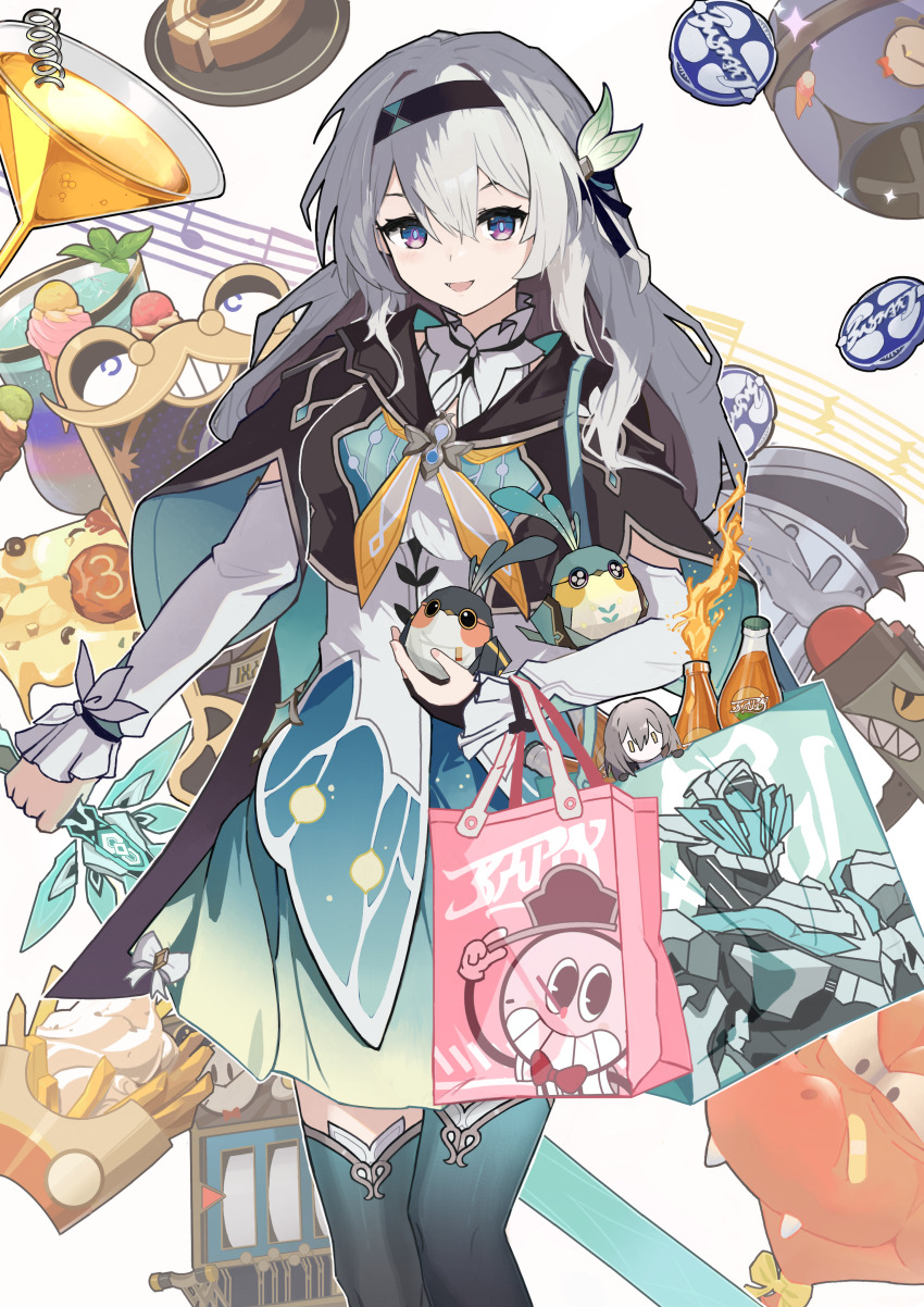 1girl, :d, absurdres, black_hairband, breasts, character_doll, clockie_(honkai:_star_rail), collared_shirt