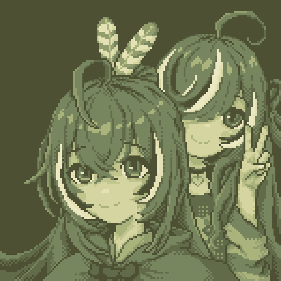 1girl, ahoge, choker, cloak, crossed_bangs, dual_persona, emo_fashion, green_background, hair_over_one_eye, hololive, hololive_english, huge_ahoge, monochrome, multicolored_hair, nanashi_mumei, nanashi_mumei_(1st_costume), nanashi_mumei_(emo), napixelz, one_side_up, pixel_art, ribbon, smile, streaked_hair, striped_clothes, striped_sweater, sweater, two-tone_sweater, v, virtual_youtuber