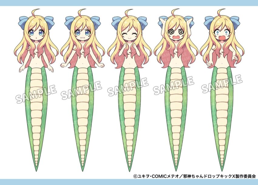 1girl, :o, @_@, ahoge, angry, arms_up, blonde_hair, blue_eyes, clenched_hands, closed_eyes, closed_mouth, commentary_request, copyright_notice, facing_viewer, fang, fangs, convenient_hair, hair_over_breasts, hands_up, ichihara_naga, jashin-chan, jashin-chan_dropkick, lamia, long_hair, looking_at_viewer, monster_girl, multiple_views, navel, official_art, open_mouth, parted_lips, sample_watermark, simple_background, surprised, teeth, topless_female, translation_request, v-shaped_eyebrows, very_long_hair, watermark, white_background