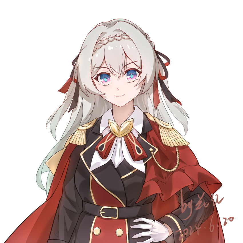 1girl, absurdres, braid, capelet, coat, collared_shirt, cosplay, epaulettes, firefly_(honkai:_star_rail), firefly_(vision)_(honkai:_star_rail), gloves, grey_hair, hair_between_eyes, hair_ribbon, hand_on_own_hip, highres, honkai:_star_rail, honkai_(series), huahong_(user_asrp7337), long_hair, looking_at_viewer, multicolored_eyes, official_alternate_costume, red_capelet, ribbon, shirt, smile, two-tone_eyes, upper_body, white_background, white_gloves