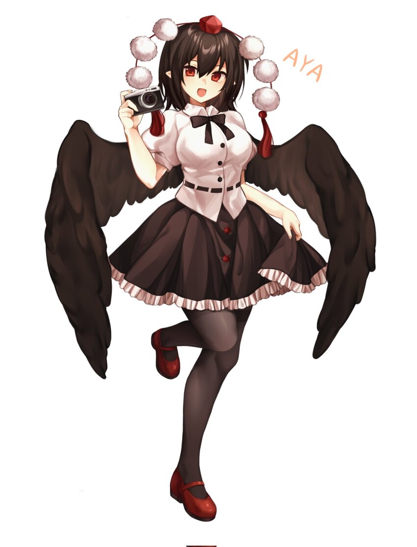 1girl, bird_wings, black_hair, black_pantyhose, black_skirt, black_wings, breasts, camera