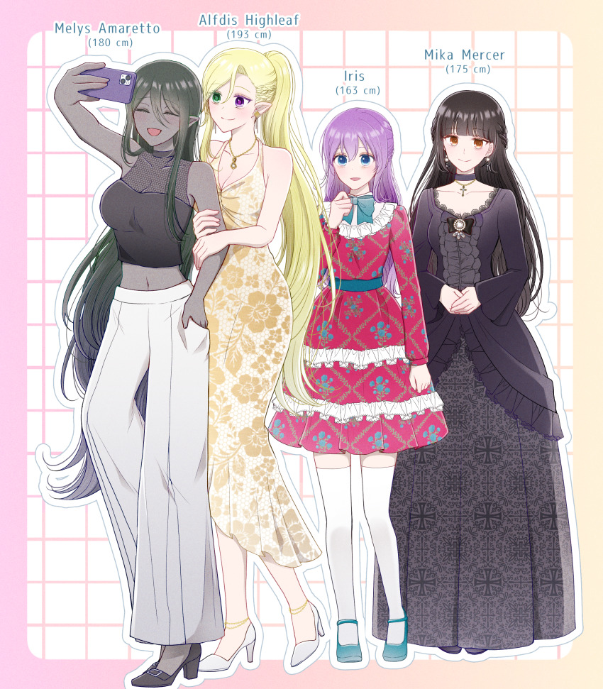 4girls, absurdres, android, black_dress, black_hair, blonde_hair, blue_eyes, brown_eyes, choker, commission, cross, cross_choker, cross_earrings, dark-skinned_female, dark_elf, dark_skin, dress, earrings, elf, gothic_lolita, haruharucyon, height_difference, heterochromia, high_heels, highres, holding, holding_phone, jewelry, lolita_fashion, long_hair, multiple_girls, original, pale_skin, phone, pointy_ears, purple_hair, robot_girl, skeb_commission, smile, tall_female