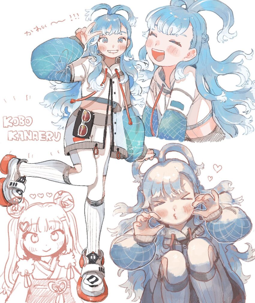 >_<, 1girl, blue_eyes, blue_hair, blush, character_name, cropped_hoodie, double_bun