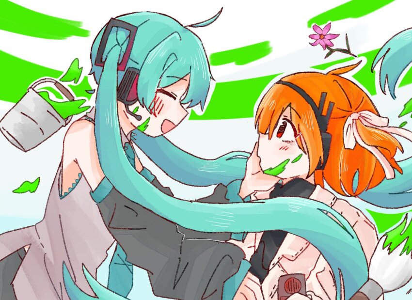 2girls, a.i._voice, adachi_rei, ahoge, aqua_hair, black_shirt, closed_eyes, detached_sleeves