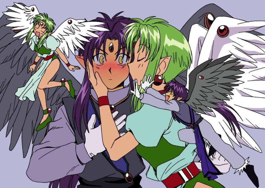 1990s_(style), 1boy, 1girl, access_time, black_footwear, black_sash, black_wings, blue_background