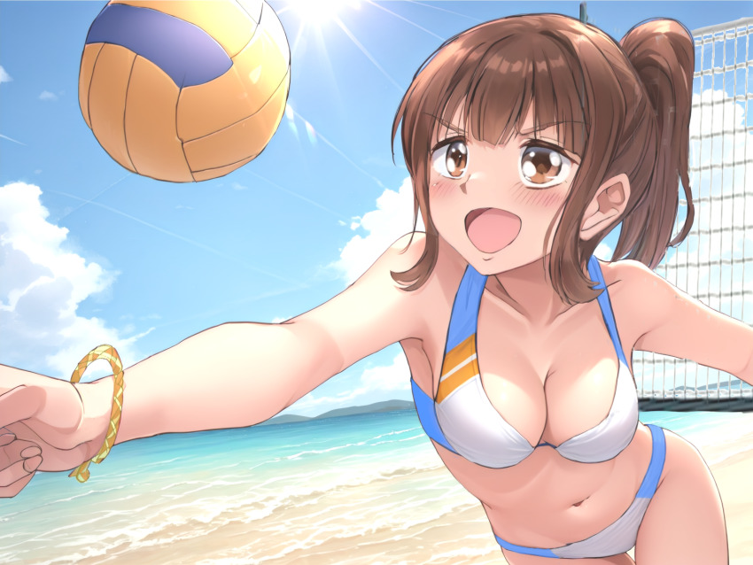 1girl, armpits, ball, beach, beach_volleyball, bikini, blue_bikini, blush, bracelet, breasts, brown_eyes, brown_hair, cleavage, eyebrows_hidden_by_hair, feet_out_of_frame, groin, harukana_receive, higa_kanata, highres, jewelry, large_breasts, lens_flare, looking_ahead, medium_hair, mountainous_horizon, multicolored_bikini, navel, ocean, open_mouth, ponytail, smile, solo, sun, swimsuit, tamura_ten, tan, tanline, thigh_gap, two-tone_bikini, volleyball, volleyball_(object), volleyball_net, white_bikini