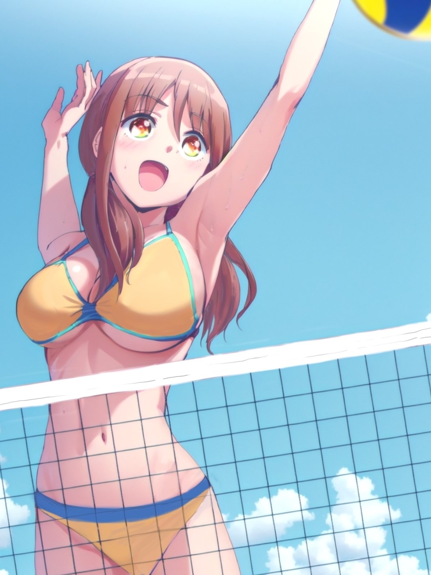 1girl, armpits, arms_up, ball, bikini, breasts, brown_hair, cleavage, eyebrows_hidden_by_hair, feet_out_of_frame, gradient_eyes, hair_between_breasts, hair_between_eyes, harukana_receive, highres, jumping, large_breasts, light_blush, long_hair, looking_ahead, multicolored_eyes, navel, oozora_haruka_(harukana_receive), open_mouth, solo, sunlight, swimsuit, tamura_ten, volleyball, volleyball_(object), volleyball_net, white_bikini