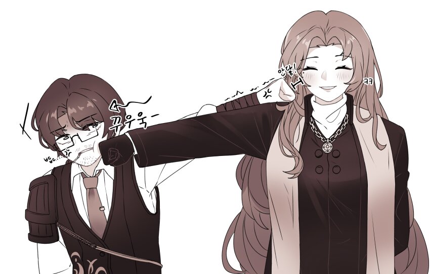 1boy, 1girl, brown_theme, cigarette, coat, dieci_association_south_uniform, glasses, gloves