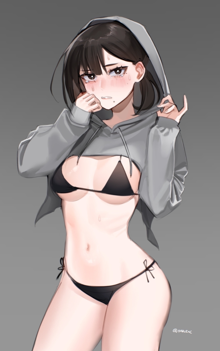 1girl, absurdres, asymmetrical_bangs, bikini, black_bikini, black_eyes, black_hair, blush, breasts, chainsaw_man, commentary, contrapposto, cowboy_shot, cropped_hoodie, cyrillic_commentary, gradient_background, grey_background, grey_hoodie, higashiyama_kobeni, highres, hood, hood_up, hoodie, medium_breasts, micro_bikini, mole, mole_under_eye, mole_under_mouth, navel, nose_blush, parted_lips, ponytail, russian_commentary, sakichka, short_hair, short_ponytail, side-tie_bikini_bottom, solo, stomach, sweat, swimsuit, tearing_up, twitter_username