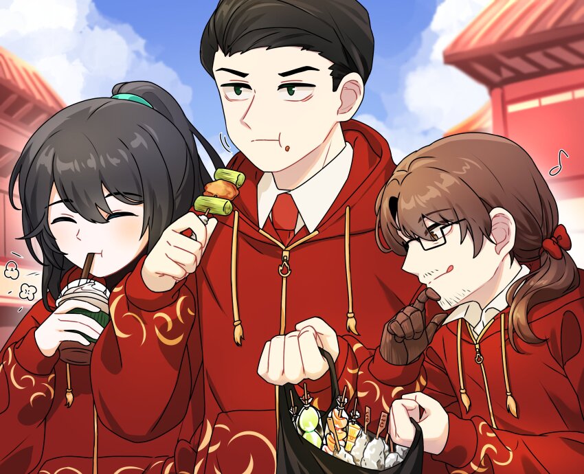 3boys, black_hair, bow, brown_eyes, brown_hair, closed_eyes, closed_mouth, cup