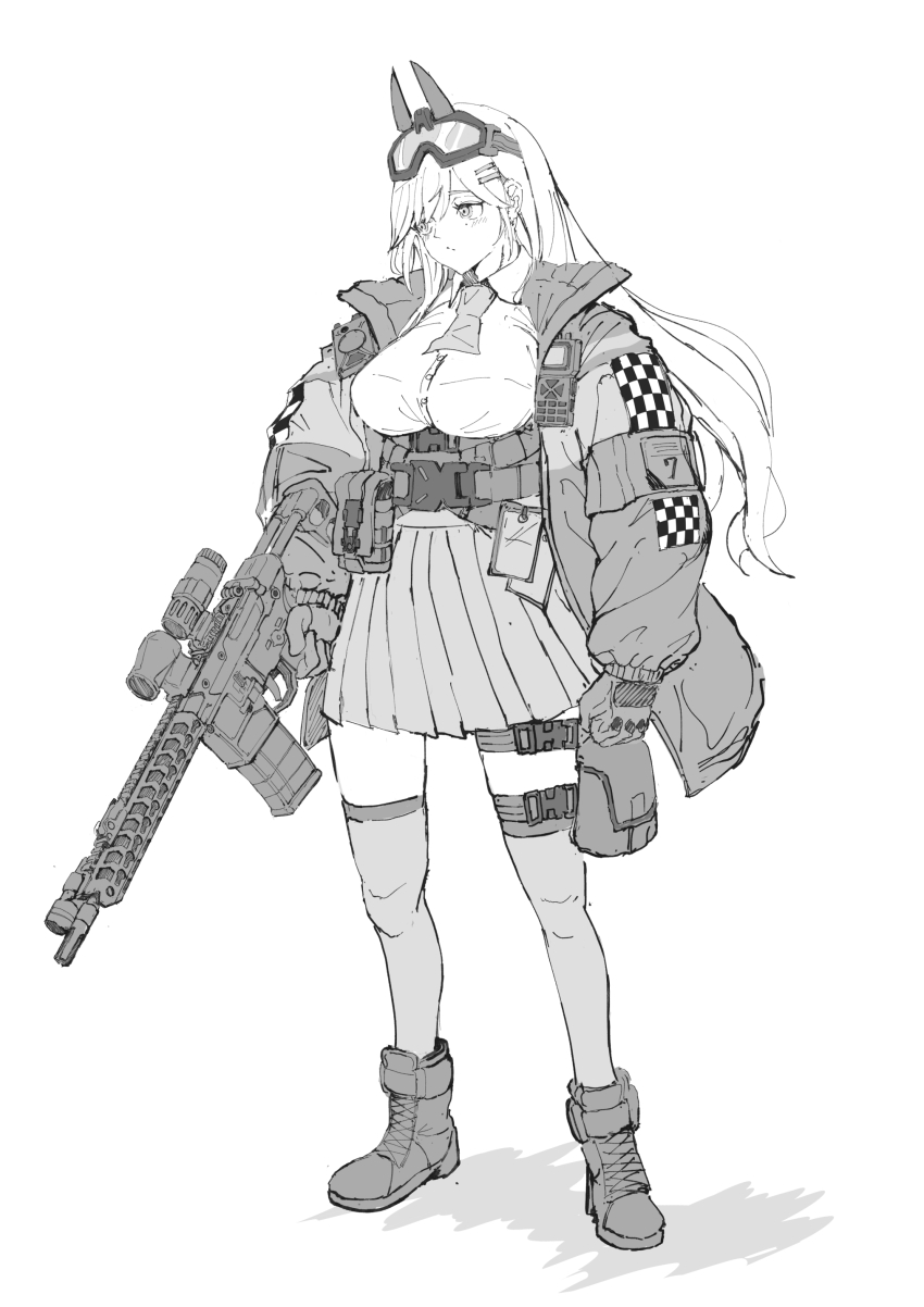 1girl, absurdres, ascot, assault_rifle, blush, boots, breasts, closed_mouth, collared_shirt, eyebrows_hidden_by_hair, eyewear_on_head, fake_horns, full_body, girls'_frontline, gloves, goggles, goggles_on_head, greyscale, gun, hair_ornament, hairpin, highres, holding, holding_gun, holding_weapon, horns, jacket, long_hair, mole, mole_under_eye, monochrome, multiple_hairpins, n.e., open_clothes, open_jacket, pouch, rifle, shirt, sig_mcx, sig_mcx_(girls'_frontline), sight_magnifier, simple_background, solo, thighhighs, trigger_discipline, walkie-talkie, weapon