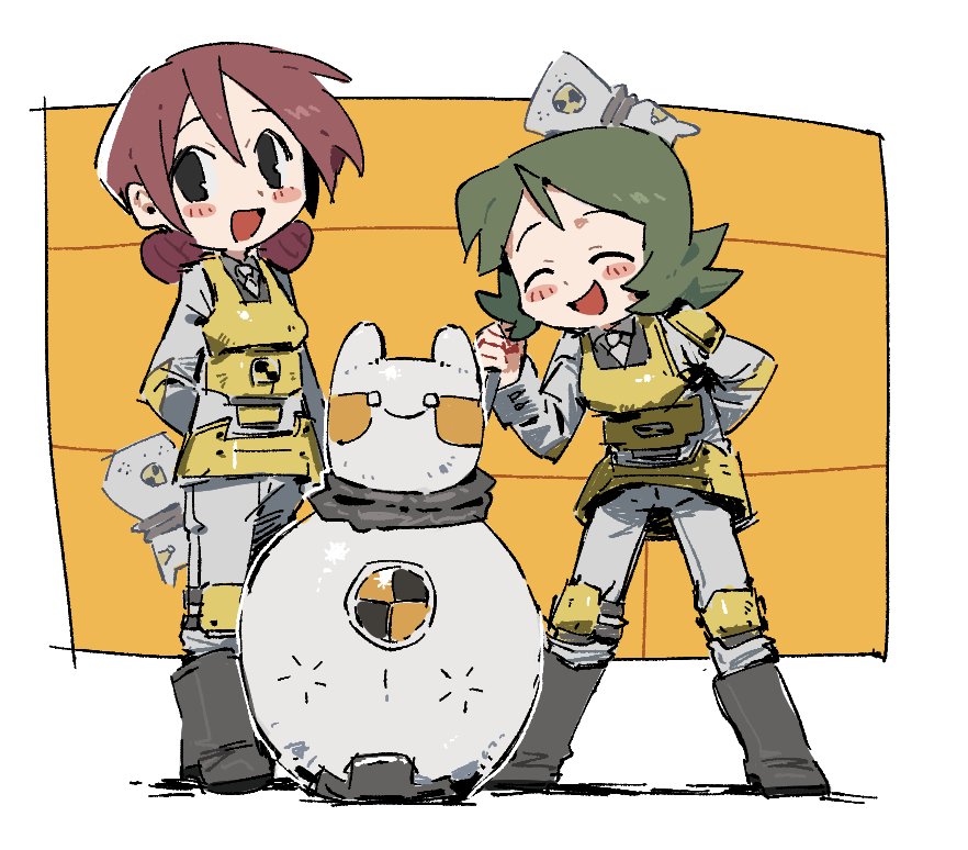 2others, a800, armor, blush, closed_eyes, double_bun, employee_(project_moon), full_body, green_hair, hair_bun, hammer, holding, holding_hammer, jacket, lobotomy_corporation, medium_hair, multiple_others, nugget_(project_moon), open_mouth, pants, project_moon, smile, standard_training-dummy_rabbit, white_jacket, white_pants, yellow_armor