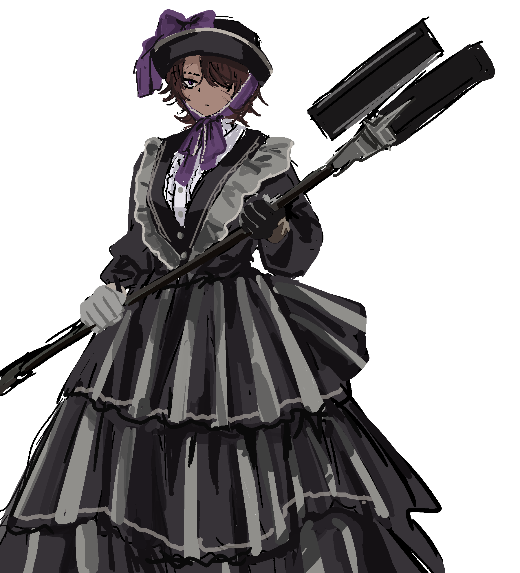 black_dress, black_hat, bow, bowtie, brown_hair, closed_mouth, dark-skinned_female, dark_skin