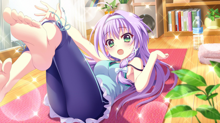 1girl, ahoge, aqua_tank_top, barefoot, blue_pants, blurry, blurry_foreground, blush