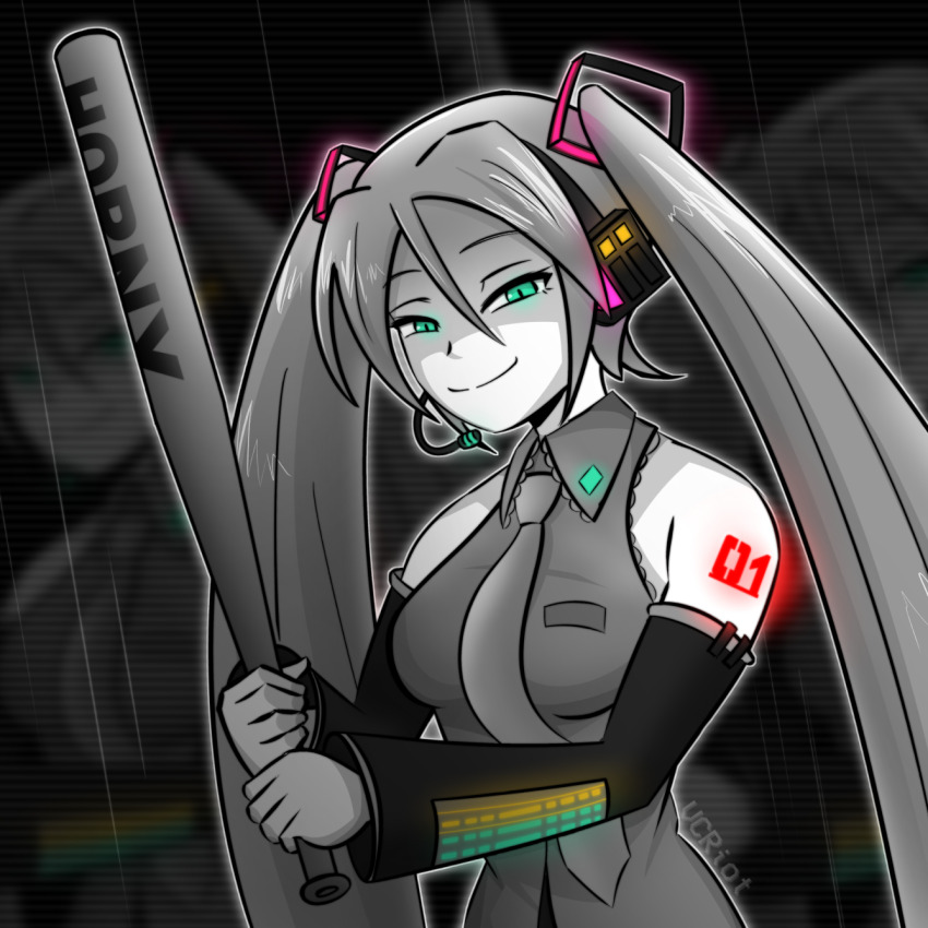 1girl, aqua_eyes, bare_shoulders, baseball_bat, breasts, commentary, detached_sleeves, english_commentary