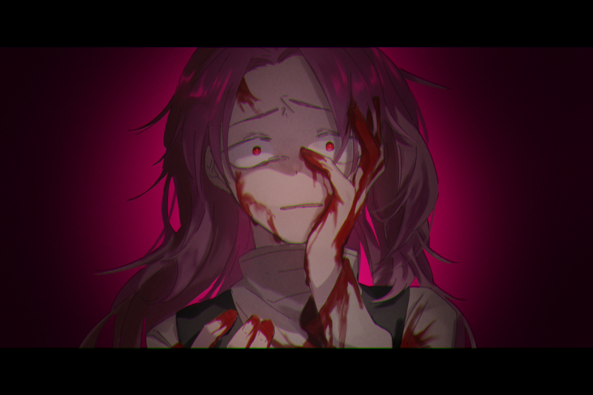 1boy, black_vest, blood, blood_on_clothes, blood_on_face, blood_on_hands, commentary_request, constricted_pupils, film_grain, hand_on_own_chest, hand_on_own_face, hatsutori_hajime, horrified, letterboxed, long_hair, looking_at_viewer, male_focus, open_mouth, parted_bangs, pink_background, pink_hair, red_eyes, saibou_shinkyoku, saitou_(f_ly_14735), solo, sweater, turtleneck, turtleneck_sweater, vest, white_sweater