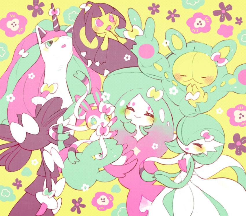 blue_eyes, blush, bow, bowtie, closed_eyes, colored_skin, dress, extra_mouth, fangs, floral_background, galarian_form, galarian_rapidash, gardevoir, gen_3_pokemon, gen_5_pokemon, gen_6_pokemon, gen_8_pokemon, gothitelle, hair_bow, hat, hatterene, horns, kappaman, mawile, multicolored_fur, multicolored_skin, nintendo, pink_eyes, pokemon, pokemon_(creature), prehensile_hair, reuniclus, single_horn, sylveon, two-tone_skin, unicorn, white_dress, white_skin, witch_hat, yellow_background