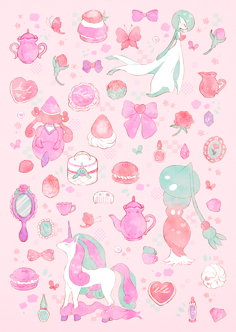 bob_cut, bow, bug, butterfly, colored_skin, comb, cup, dress