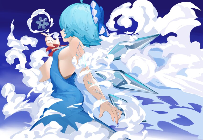 1girl, absurdres, blowing, blue_background, blue_bow, blue_dress, blue_hair, bow