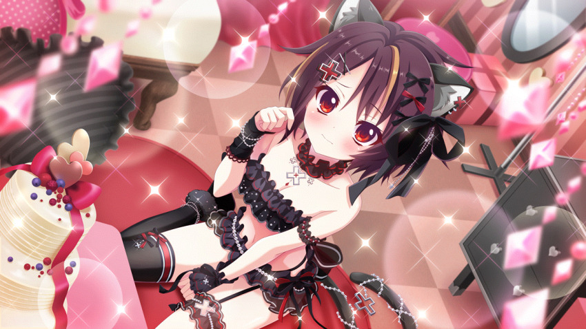 1girl, animal_ears, bandou_mikuru, bare_shoulders, between_legs, black_bow, black_garter_straps, black_tail