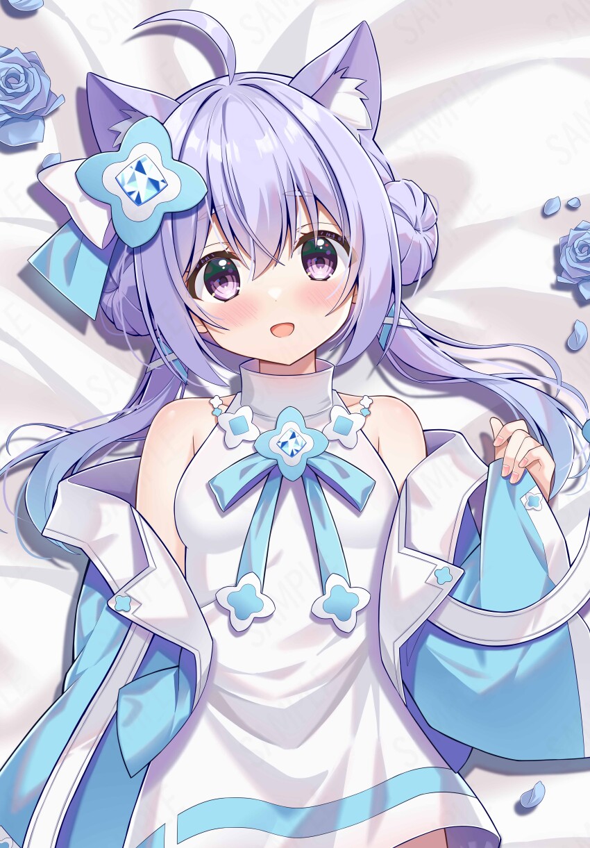 1girl, absurdres, ahoge, animal_ear_fluff, animal_ears, bare_shoulders, blush, cat_ears, double_bun, dress, flower, hair_bun, hair_ornament, highres, jacket, kazekami_chino, long_hair, looking_at_viewer, lying, maimai_(game), on_back, on_bed, open_clothes, open_jacket, open_mouth, purple_eyes, purple_hair, salt_(maimai), solo, twintails, white_dress
