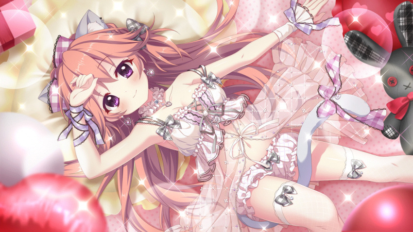 1girl, animal_ear_fluff, animal_ears, babydoll, blurry, blurry_foreground, bow, bow_legwear