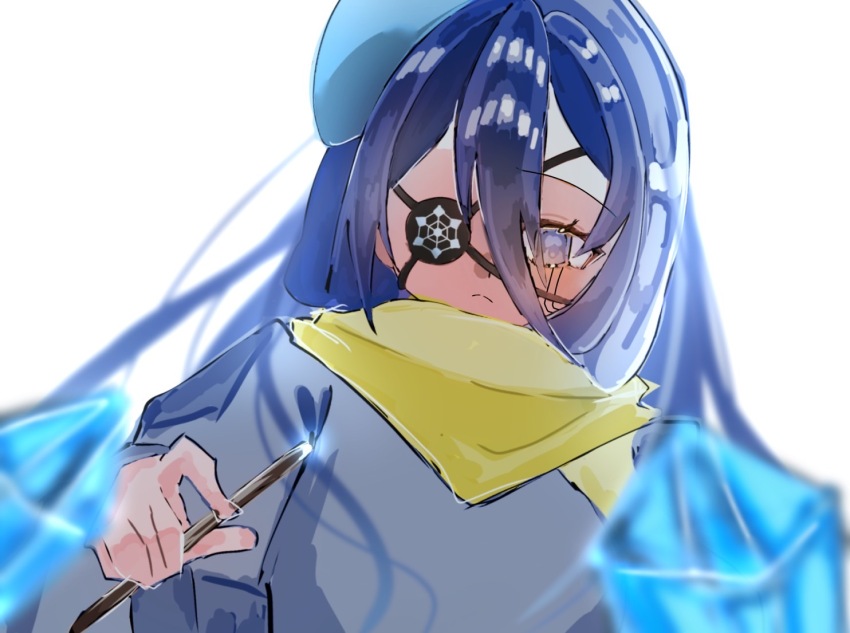 blue_eyes, blue_hair, blue_hat, crystal, eyepatch, eyes_visible_through_hair, hat, mashle, tagme, tsurara_halestone, wand, white_background