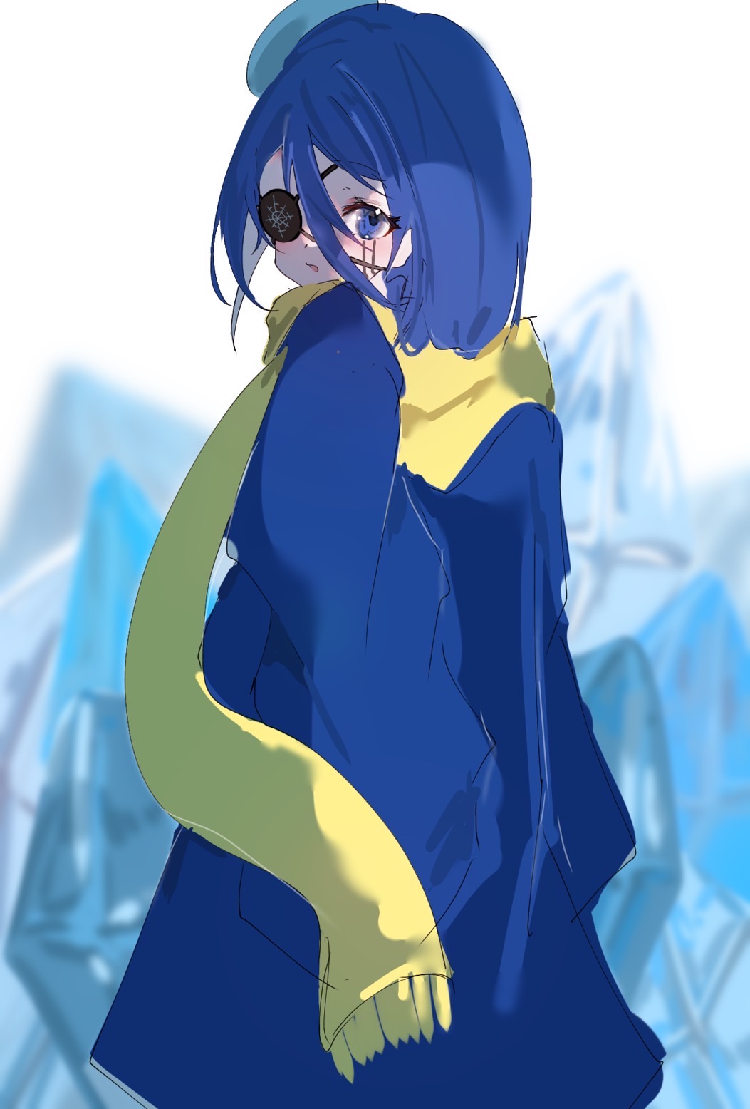 blue_eyes, blue_hair, eyepatch, highres, mashle, scarf, tagme, tsurara_halestone