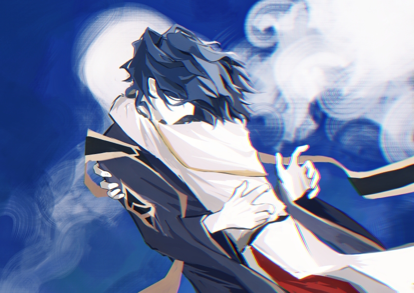 2boys, absurdres, belt, black_belt, blue_hair, blue_sky, capelet, chinese_commentary