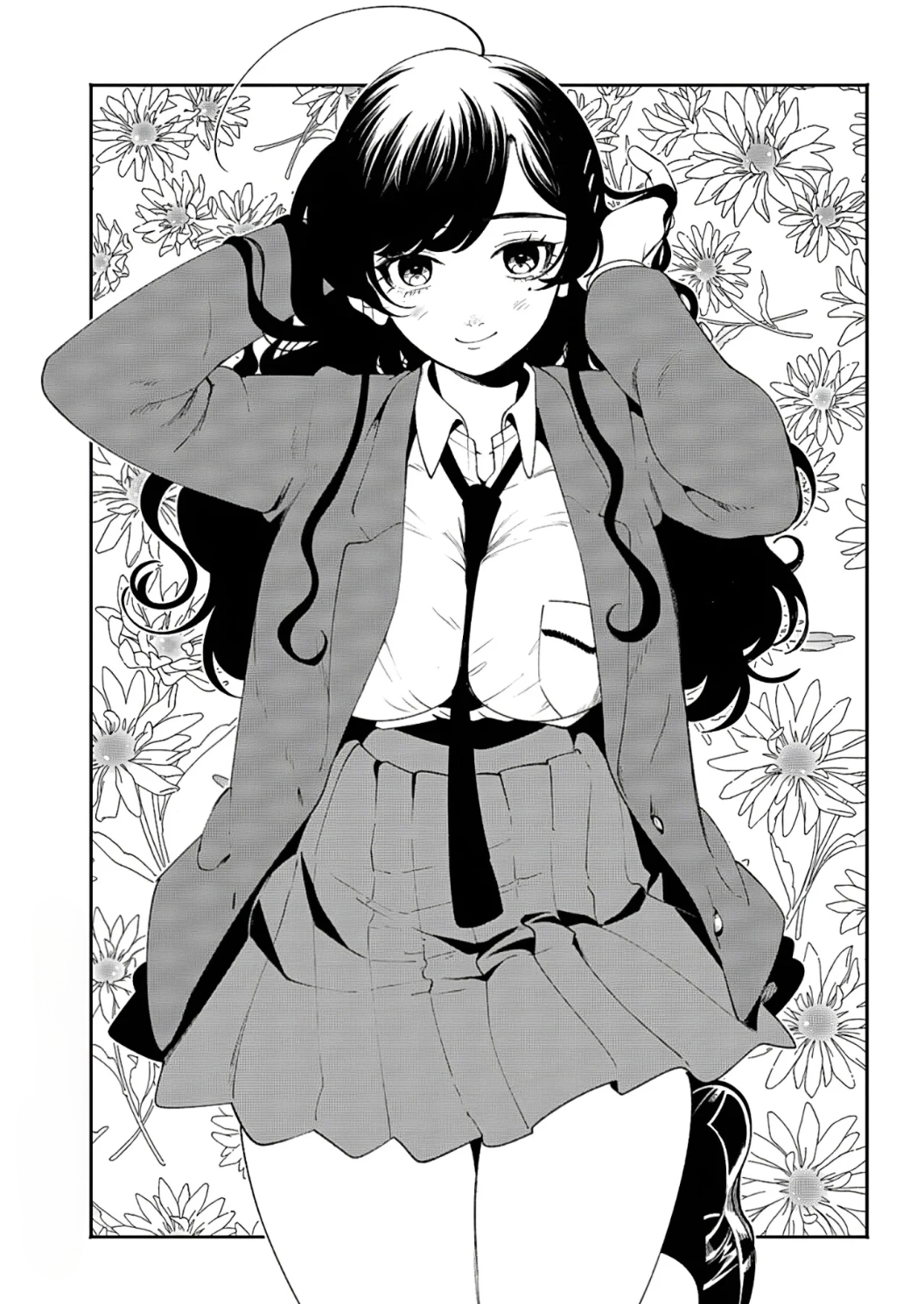 1girl, ahoge, arms_up, black_hair, blue_jacket, blue_skirt, blush, closed_mouth