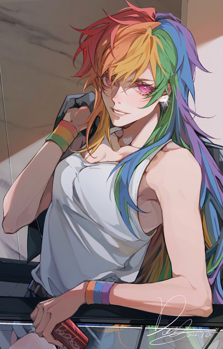 1girl, absurdres, against_railing, bare_arms, bare_shoulders, breasts, can, chinese_commentary, collarbone, commentary, dated, denim, denim_shorts, doo58455, drink_can, earrings, from_side, glass, highres, holding, holding_can, holding_unworn_clothes, humanization, jewelry, lightning_bolt_earrings, lightning_bolt_symbol, long_hair, looking_at_viewer, looking_up, multicolored_hair, my_little_pony, my_little_pony:_friendship_is_magic, pink_eyes, railing, rainbow_dash, rainbow_hair, shorts, signature, small_breasts, smile, soda_can, solo, tank_top, toned, toned_female, unkempt, unworn_clothes, very_long_hair, white_tank_top, wristband